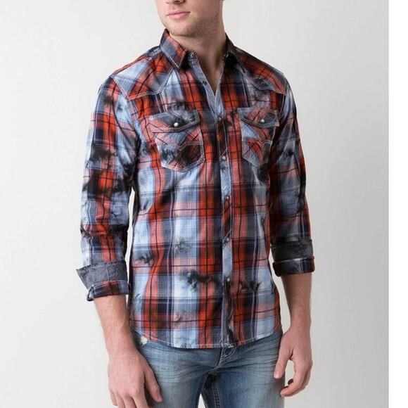 BKE Size XL Mens Vintage Timberjack Shirt Pearl Snap Blue Orange Plaid Shirt - Picture 1 of 9